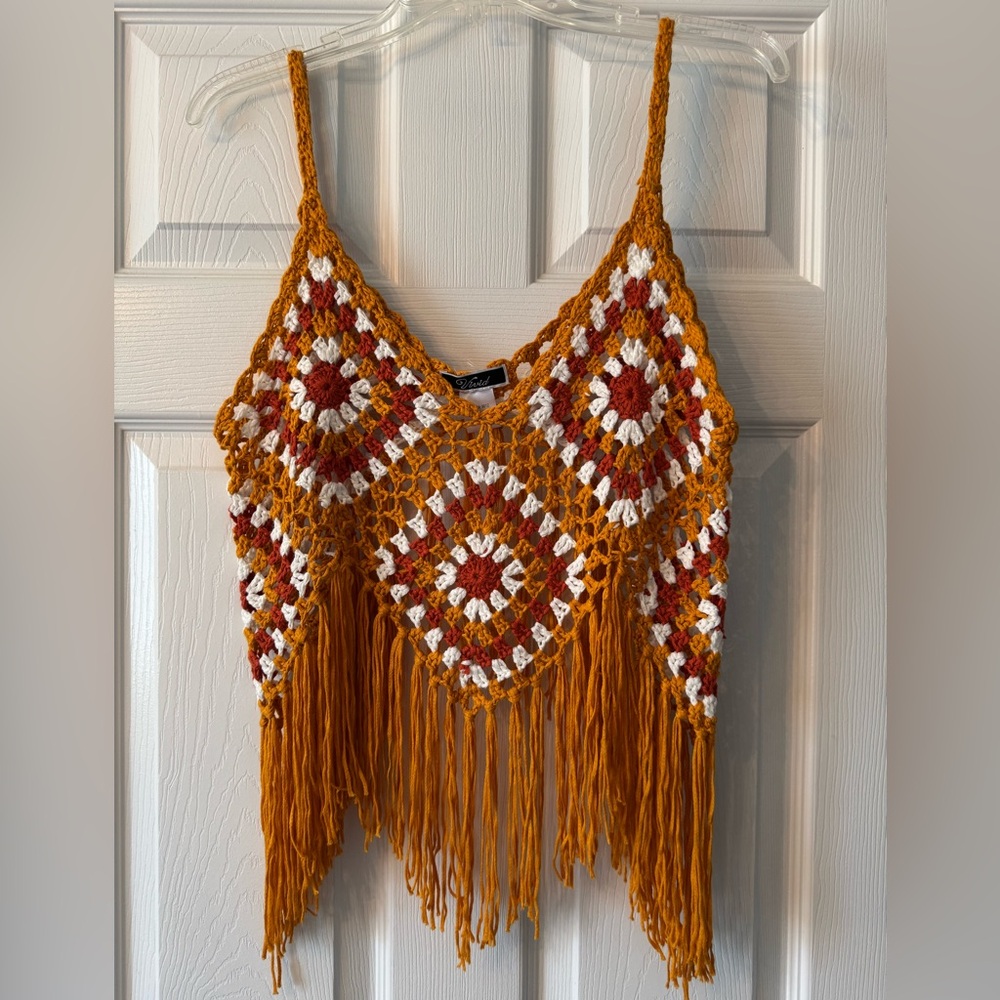 New Vivid XL Boho Chic Retro Crochet Cropped Fringe Tank Top
